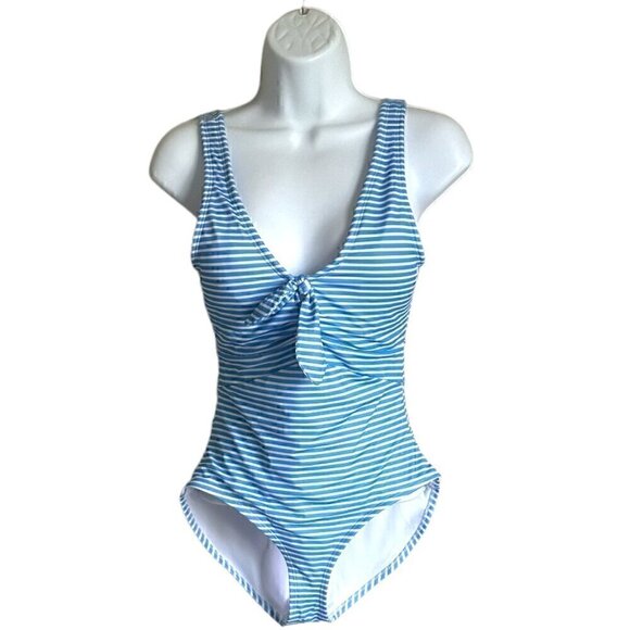 OUTDOOR OASIS BLUE AND WHITE STRIPED ONE PIECE SWIMSUIT - SIZE SMALL - Picture 2 of 7